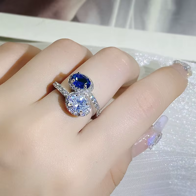 Bagues ovales en saphir blanc pour femmes, coutures bicolores, bague de luxe noble en argent sterlin