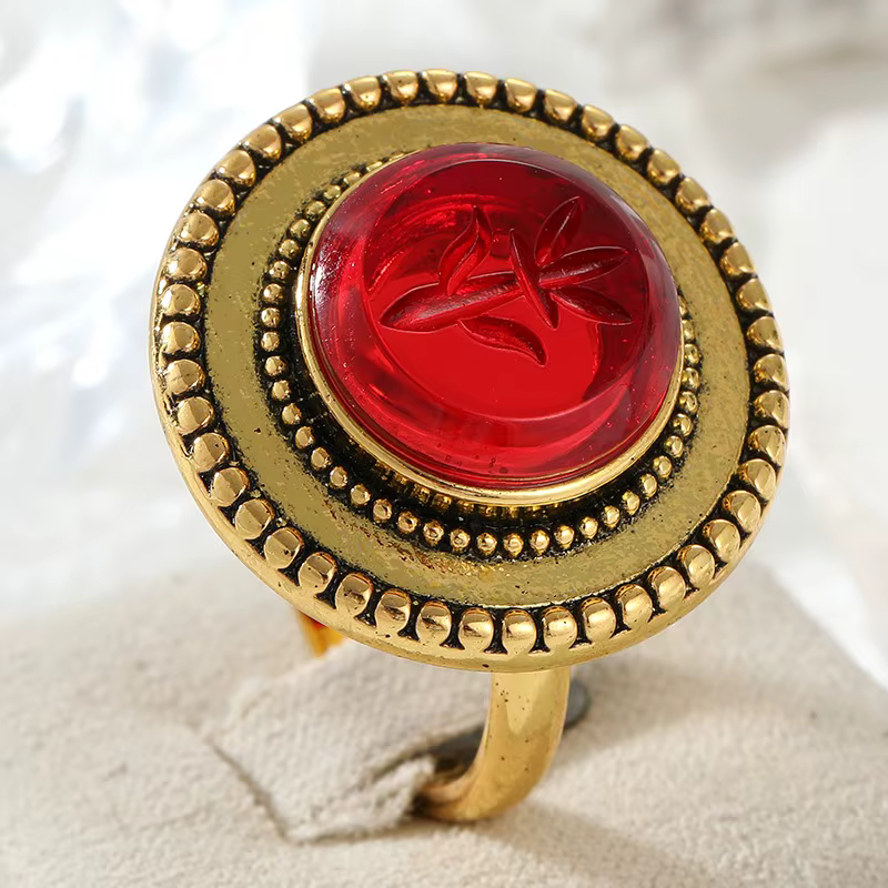 Bague vintage pour femme avec fleur incrustée de pierre rouge, couleur or, sculptée à la main, pour 