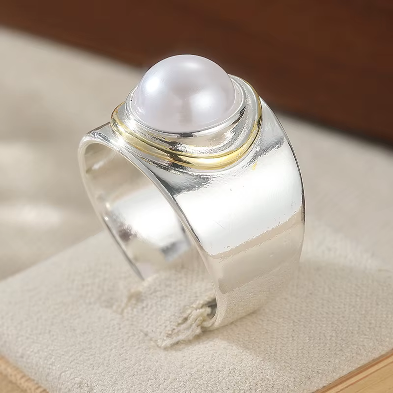 Bague minimaliste pour femme avec imitation de perles, tendance, bicolore, géométrique, à porter au 