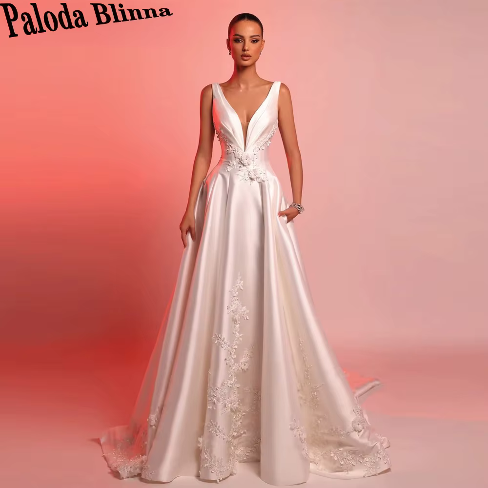 Paloda – robe De mariée charmante en Satin, avec Appliques, col en v, ligne a, dos nu, bretelles Spa