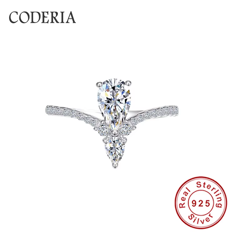 Bague Moissanite en diamant de laboratoire, coupe poire, 1CT, 5x8mm, couleur D VVS1, argent S925, ba