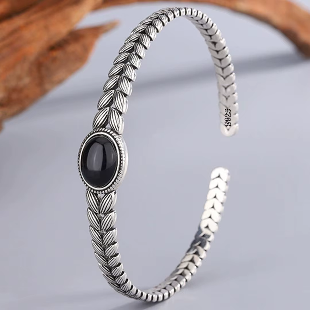 PANJBJ 925 en argent Sterling noir Agate Bracelet Bracelet pour femmes feuille plante rétro évider p