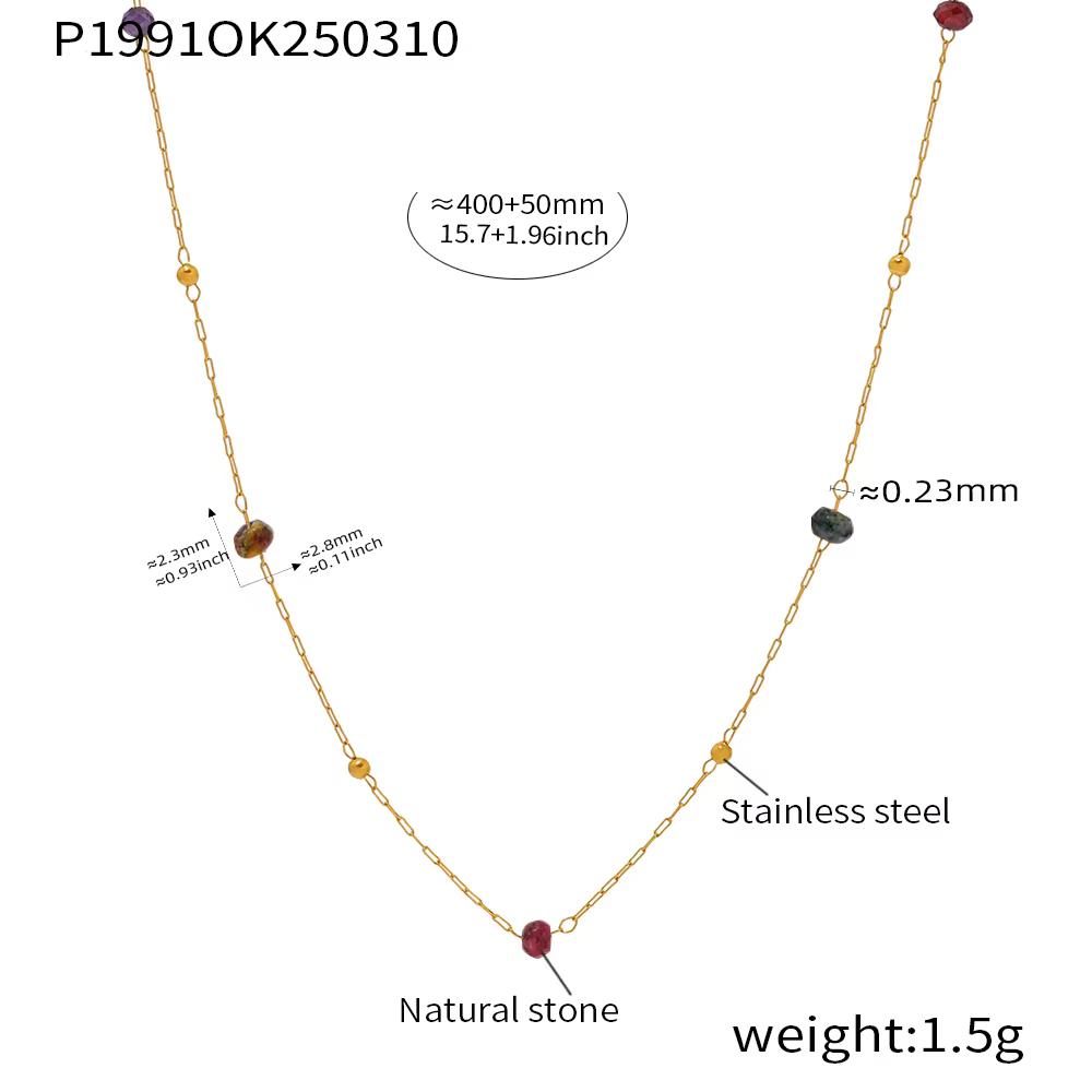 Collier rond en acier inoxydable pour femmes, pierres naturelles colorées, chaîne fine, ne se décolo