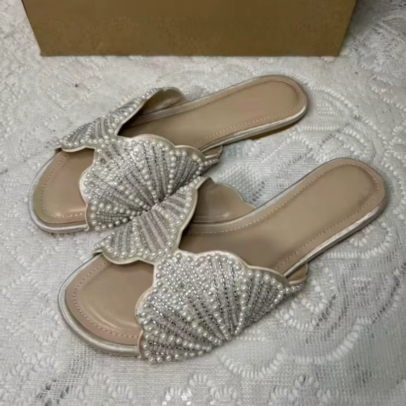 Sandales plates pour femmes, sandales à glissière avec fausses perles et strass, élégantes et confor