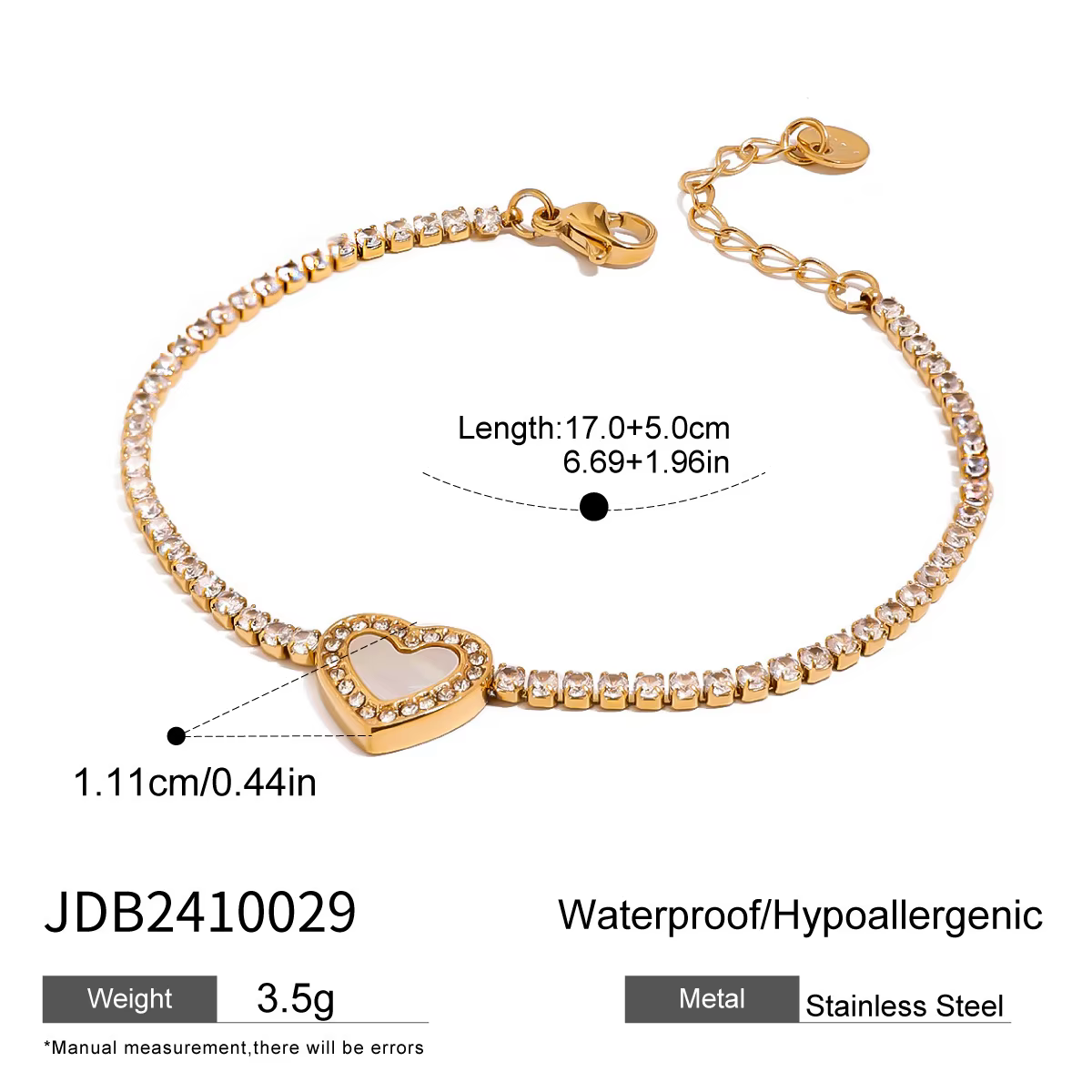 Bracelet tennis Ars Dainty pour femmes, plaqué or 18 carats, avec breloque cœur, bracelets ajustable