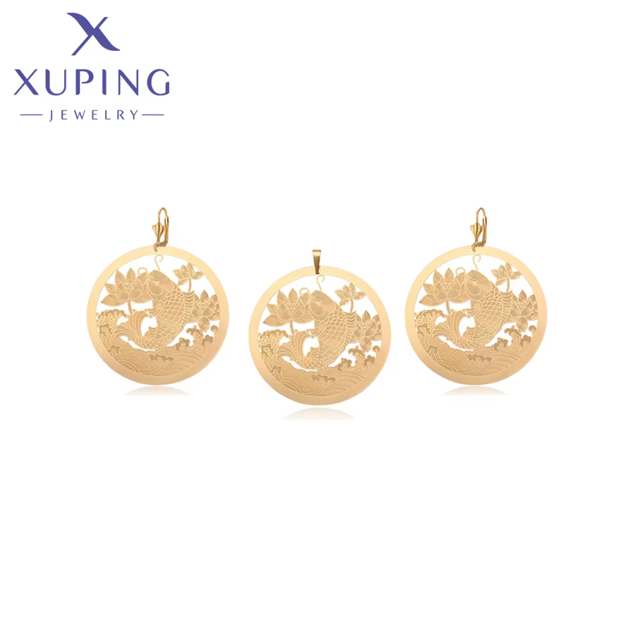 Xuping Jewelry Nouvelle Collection Collier Pendentif et Boucles d'Oreilles Simples Dorés pour Femme,