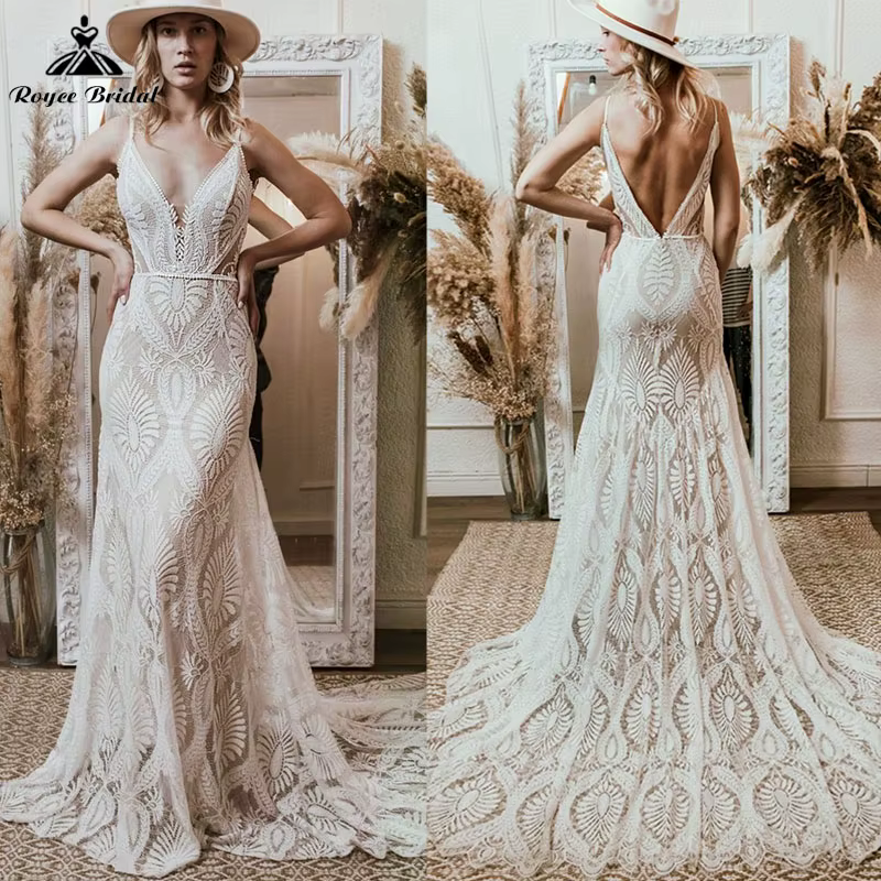 Robe de mariée bohème en dentelle, col en V, bretelles spaghetti, dos nu, personnalisée, pour les pa