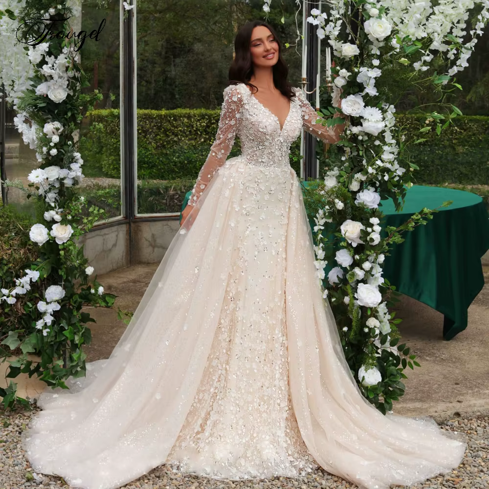 Robes de mariée sirène personnalisées, col en V, manches longues, dentelle, poignées de fleurs 3D, t