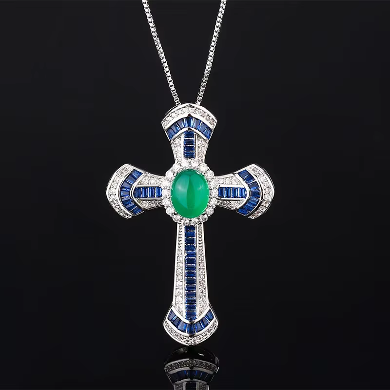 Collier pendentif croix luxueux avec pierres précieuses vertes et bleues, bijoux pour femmes, Design