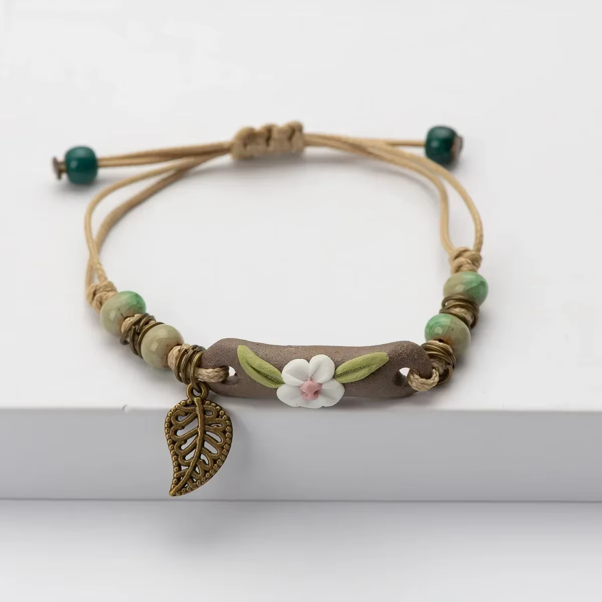 Bracelet réglable en céramique pour femmes, série Forest, plante, noué à la main, bijoux cadeaux