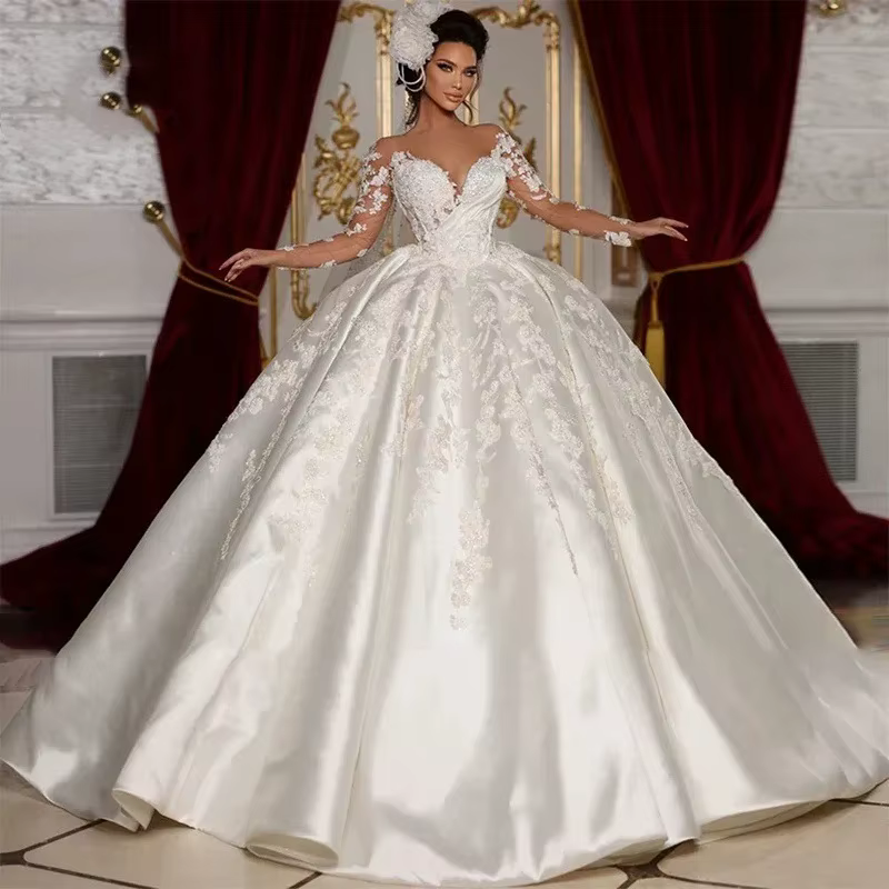 Robe de mariée en Satin, épaules dénudées, manches longues, broderie luxueuse, pour Banquet de marié