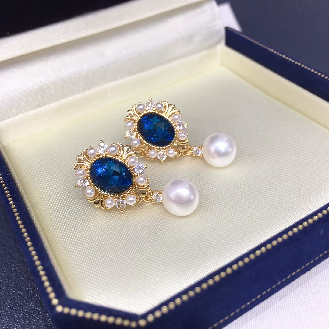 ZHBORUINI boucles d'oreilles en perles d'eau douce 7-7.5mm bleu foncé Zircon rétro bijoux de mode po
