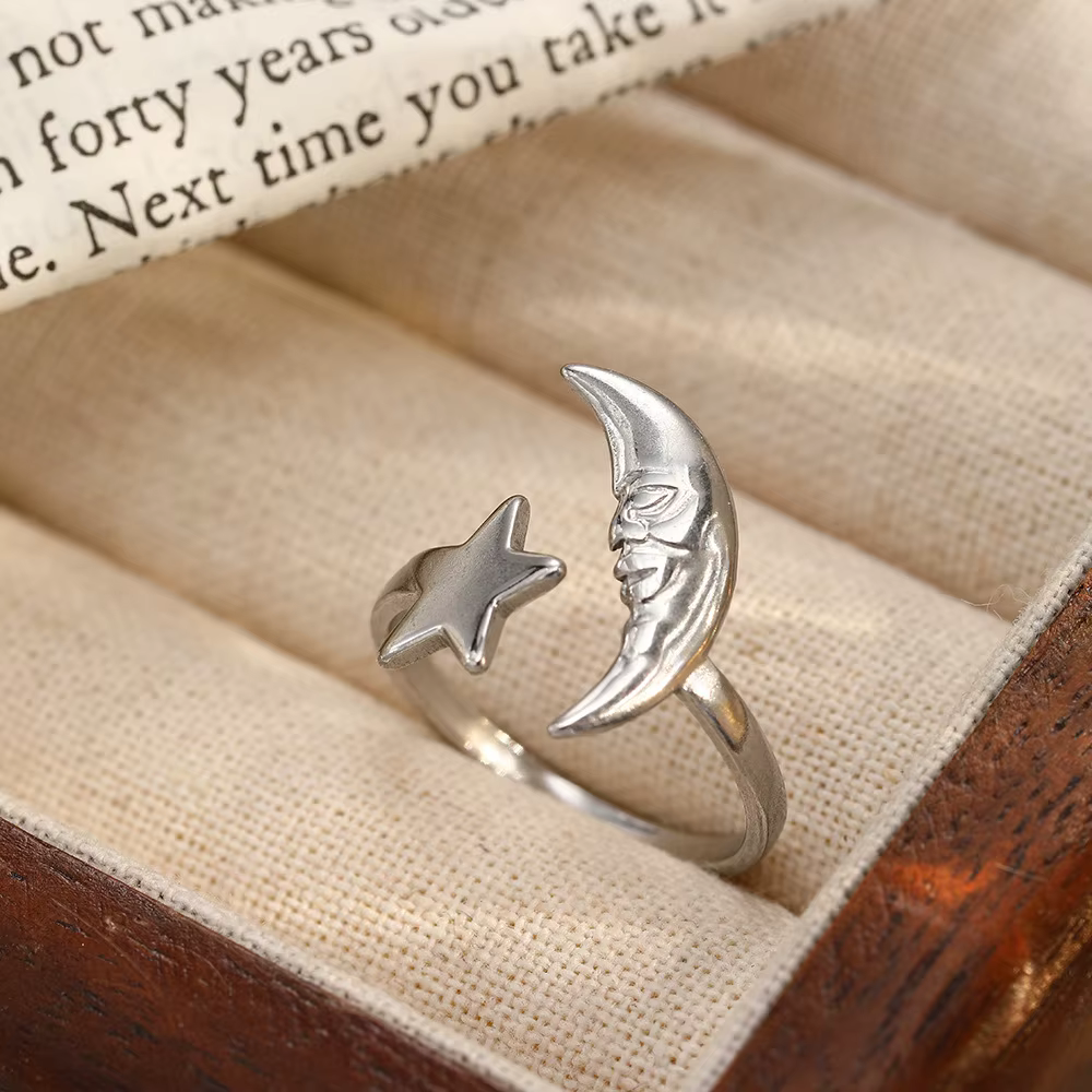 Bague rétro lune étoile ouverte réglable pour femmes, minimaliste, en acier inoxydable, couleur or, 