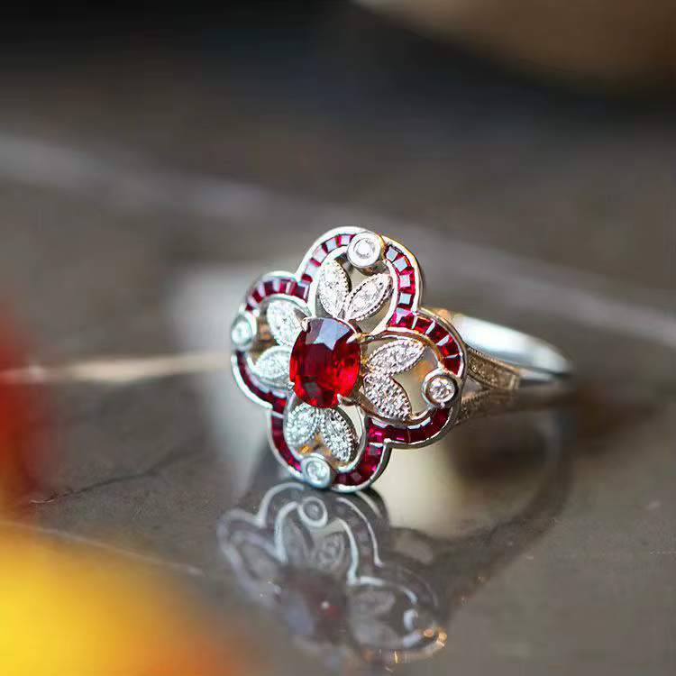 Bagues Vintage en argent 925 pour femmes, fleur ajourée de haute qualité, rubis incrusté, breloques 