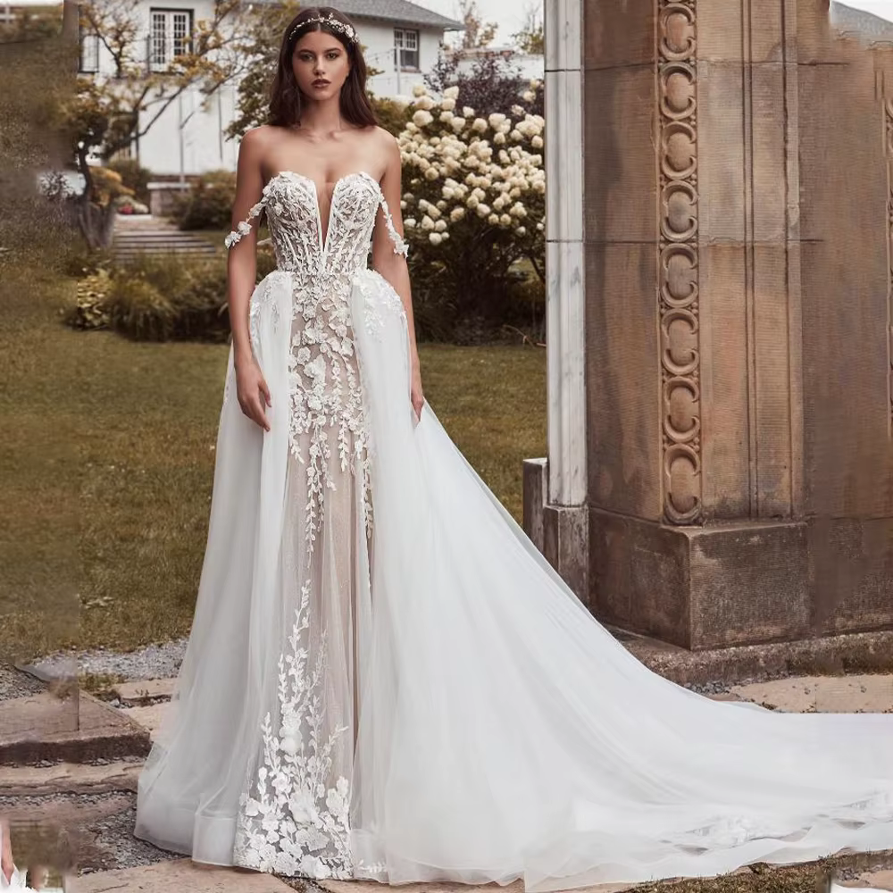 Robes de mariée sirène avec appliques en dentelle, col en V sexy, poignées, train amovible, sur mesu