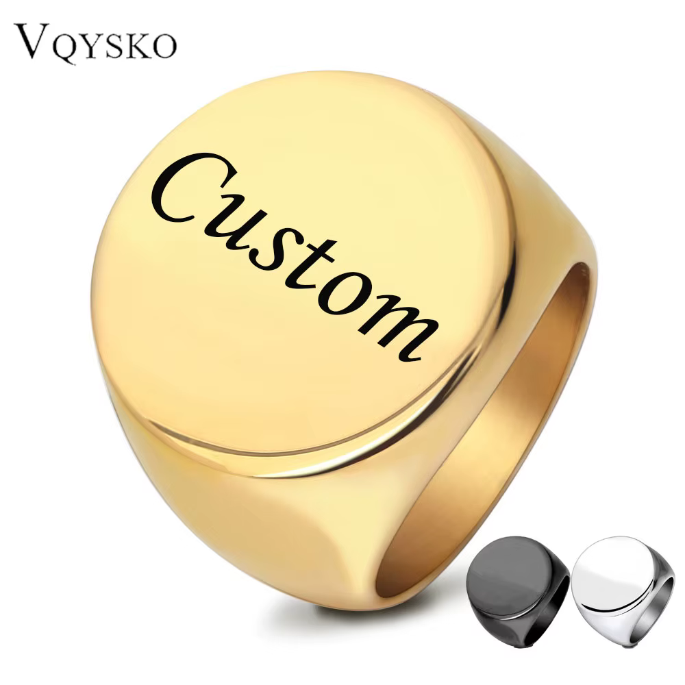 Bague chevalière personnalisée avec nom gravé, Logo, bijoux Photo ronds en acier inoxydable pour hom