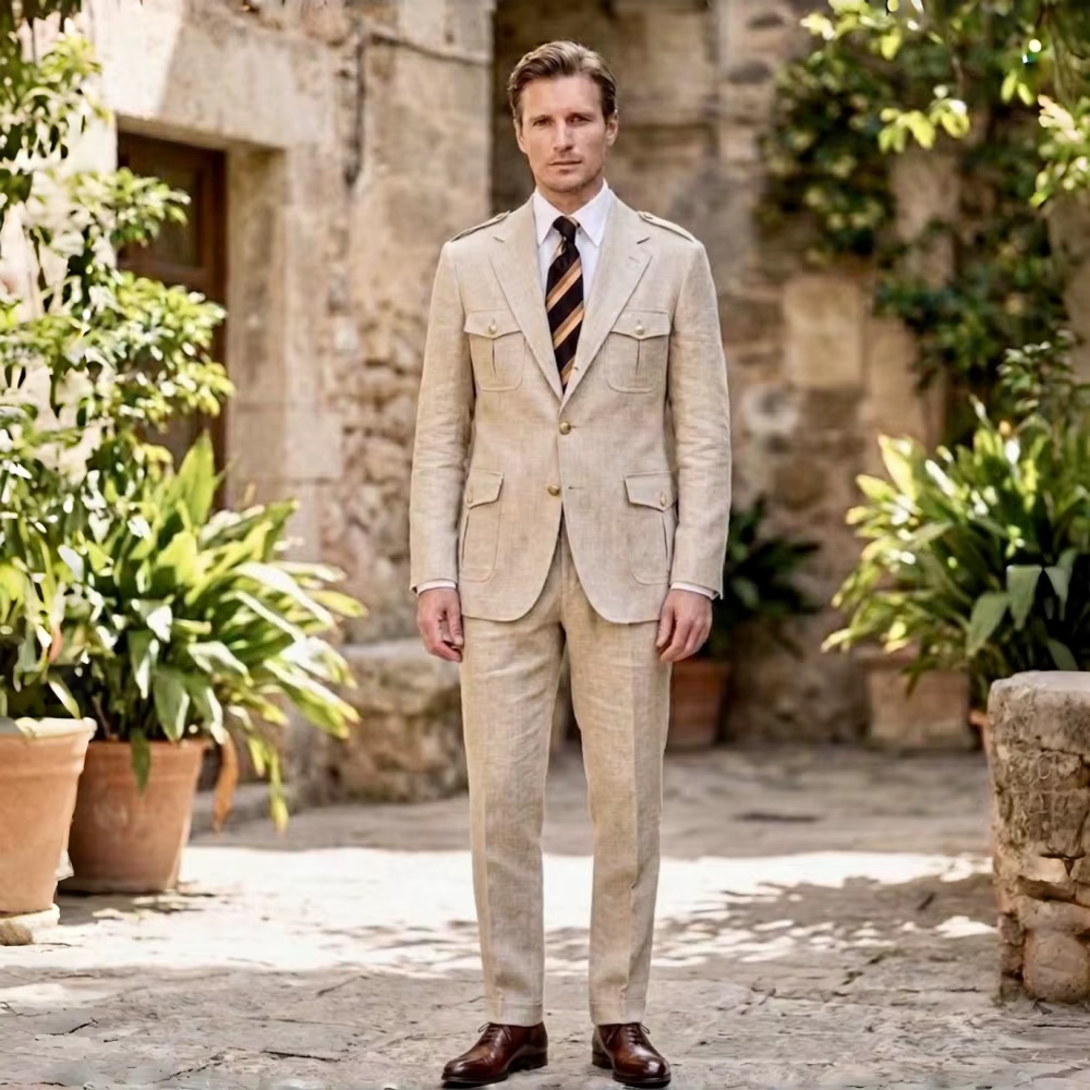 Costumes Safari en Lin Sur Mesure – Ensemble 2 Pièces (Blazer et Pantalon) pour Homme – Idéal Mariag