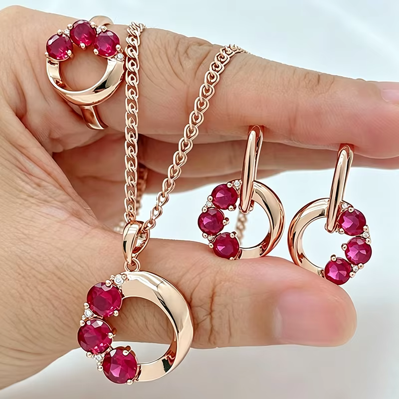 Kinel – ensemble de bijoux en Zircon naturel rouge brillant pour femmes, bague, boucles d'oreilles, 