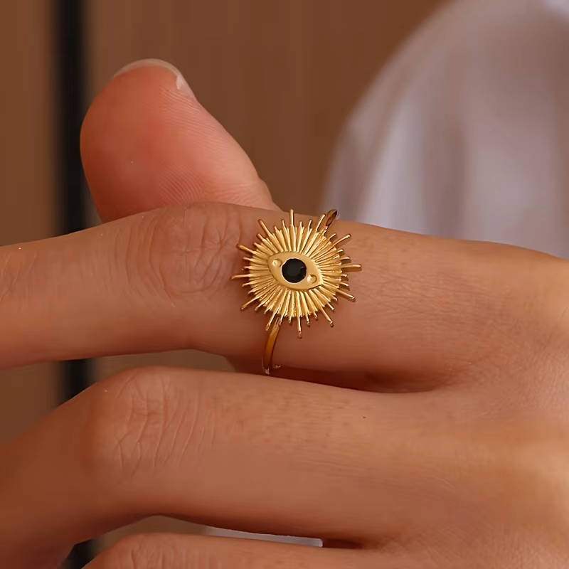 Bague en Acier Inoxydable Couleur Or Étanche avec Pierres Naturelles Marron, Bijou Vintage pour Femm