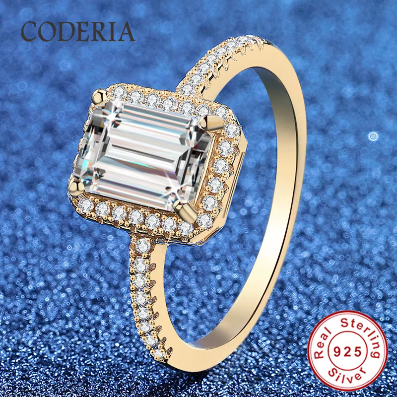 Bague en Moissanite D VVS1 Taille Emeraude et Redien pour Femme, Plaqué Or 18K, Argent Sterling 925,