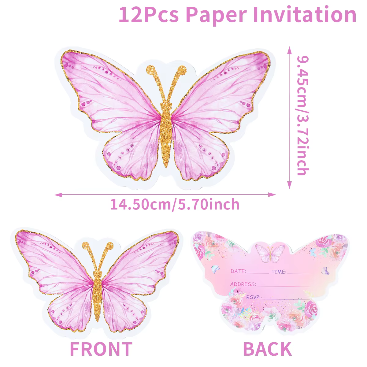 Carte d'invitation extraterrestre papillon rose, thème papillon de printemps, décor de fête d'annive