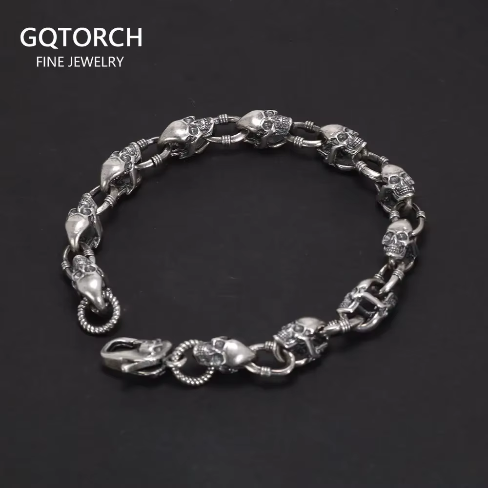 Bracelet chaîne tête de mort en argent Sterling 925 véritable pour hommes et femmes, bijoux gothique