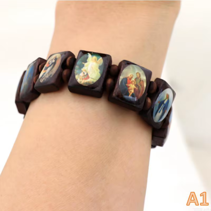 Bracelet chapelet en bois - Élégants autocollants d'icônes religieuses, finition émail, bijoux de pr