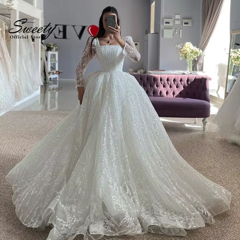 Robe de mariée en dentelle brodée sur filet avec col carré, robe de Rhprincesse, manches longues, bo