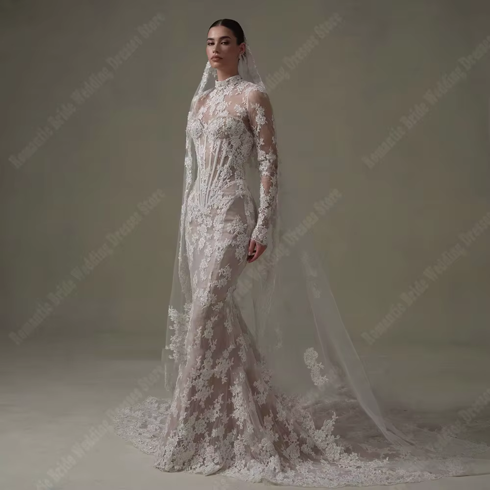 2026 Gorgeous Women Wedding Dresses Vintage Lace Mermaid Lace Printing Bridal Gown Formal Occasion V