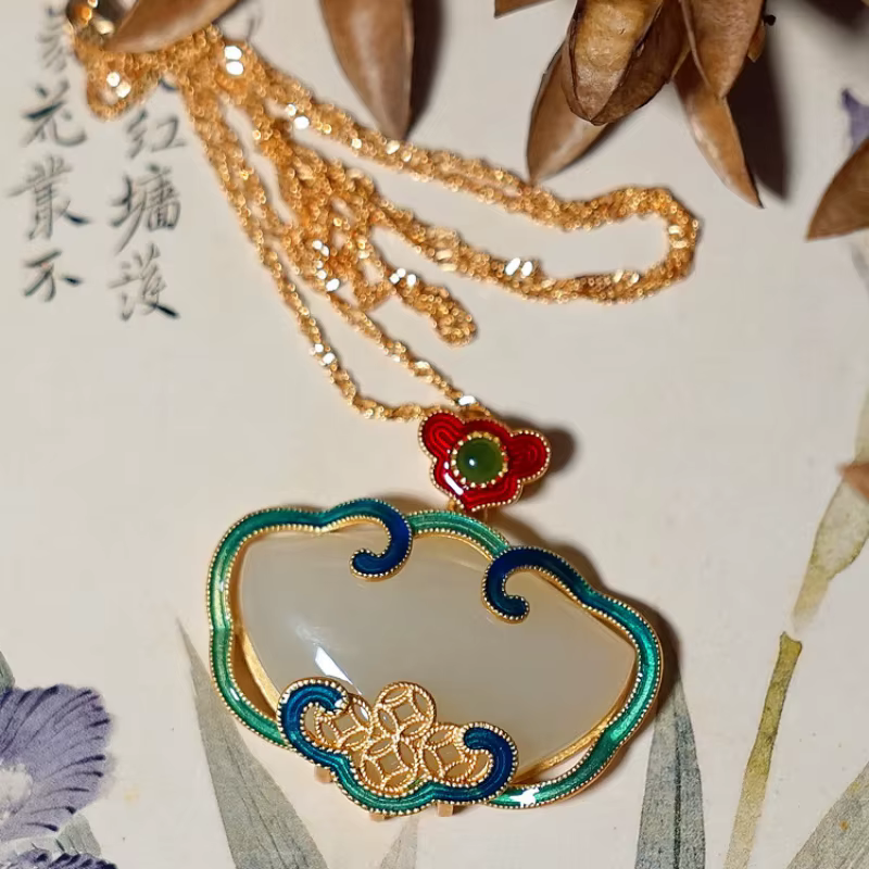 Collier pendentif en émail Ruyi classique pour femme, artisanat d'or prairie, naturel Hotan blanc di