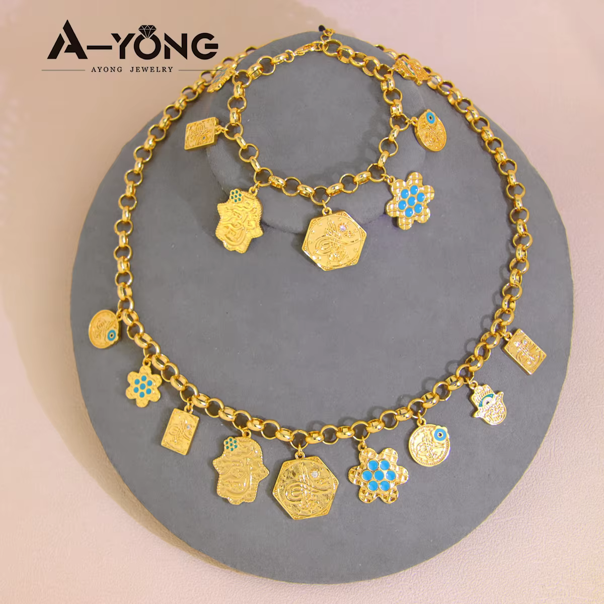 Collier et bracelet en cuivre plaqué or 21 carats pour femmes, ensemble de bijoux de charme punk jui