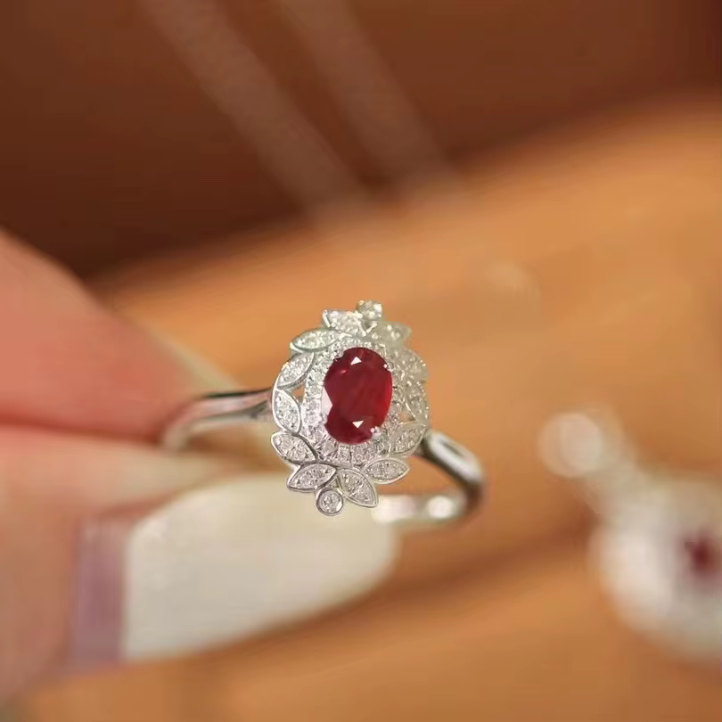 Ensemble de bijoux en argent 925 incrusté de diamants, feuilles de rubis, pierres précieuses rouges 