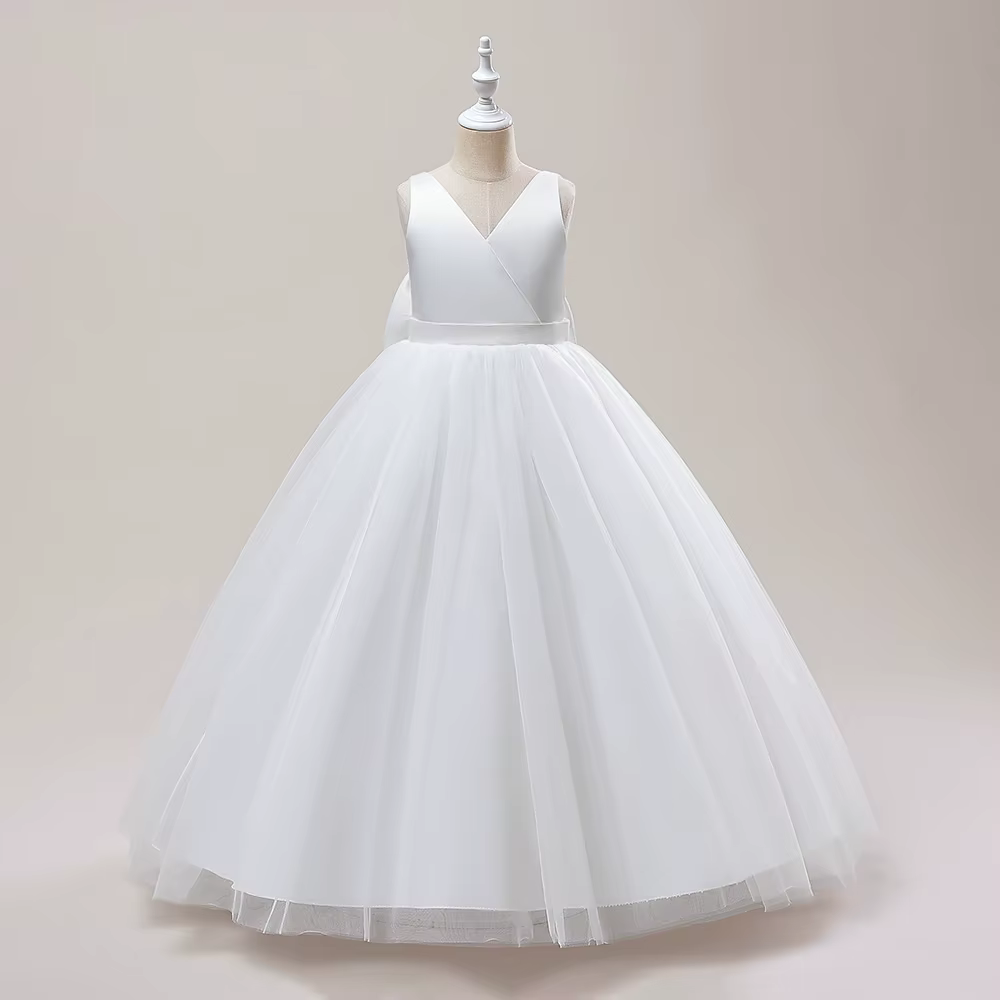 Robe de demoiselle d'honneur élégante à gros nœud pour filles, robes de princesse blanches pour fête