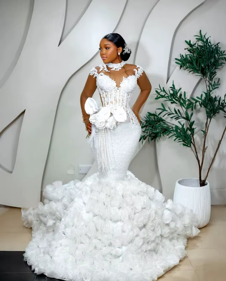 Robes de mariée africaines florales pour femmes noires, style sirène, manches longues, dentelle, Aso