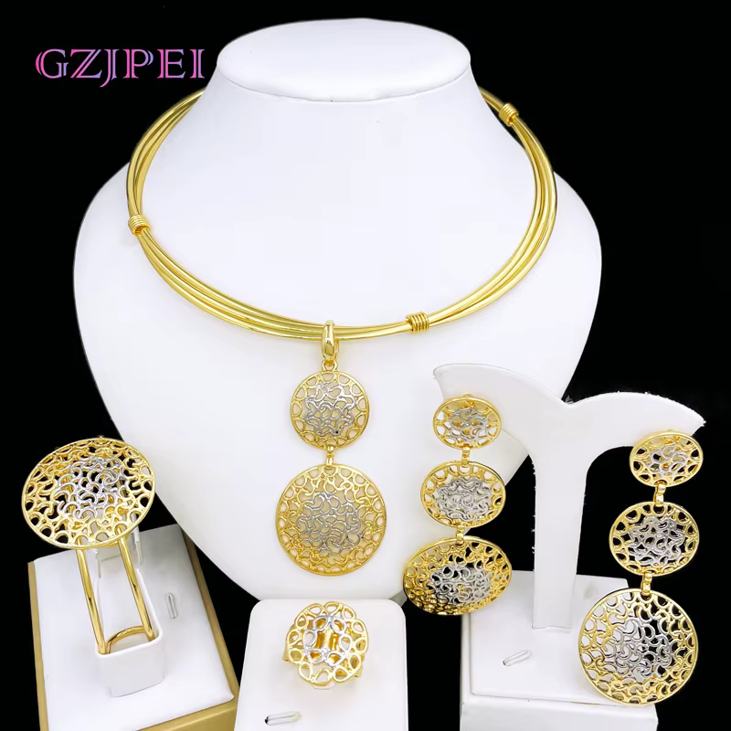 Ensemble de bijoux de luxe pour femmes, design bicolore, tour de cou tendance nigérian, pendentif, b