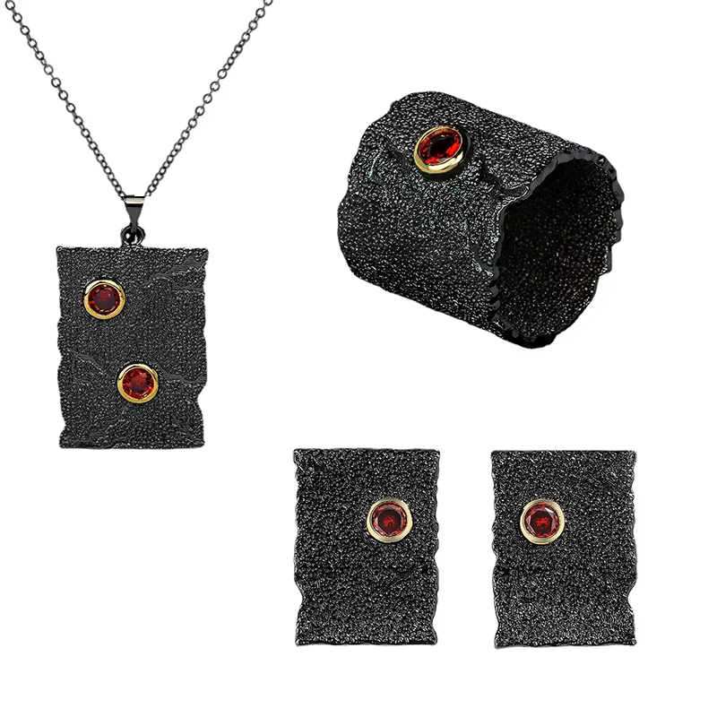 Ensemble de bijoux trois pièces pour femmes, Simple, géométrique, rouge, Zircon, bague, collier, bou