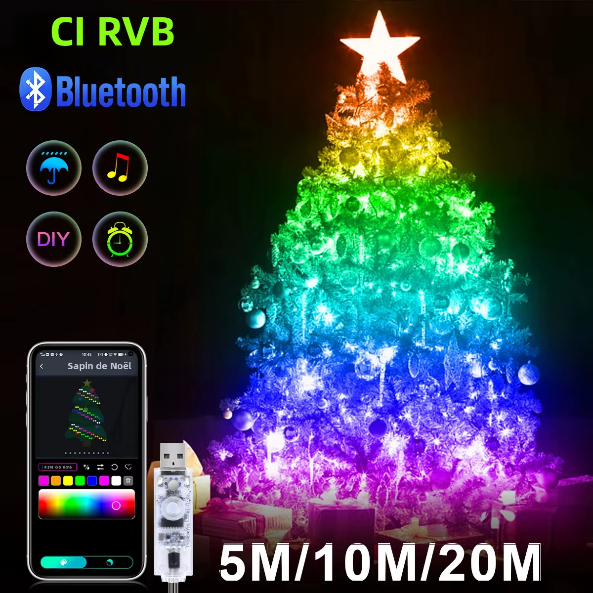 20M 10M 5M LED Festival lumières fée chaîne lumière intelligente Bluetooth adressable rideaux lumièr