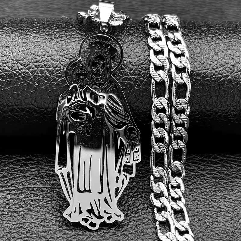 Vierge Marie et Bébé Médaille Collier Creux pour Hommes et Femmes, Pendentif Religieux NOTRE Dame, A