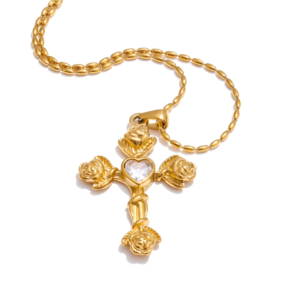 Yhpup 2025 arrivées mode Zircon Rose fleur croix pendentif collier 18K PVD plaqué acier inoxydable e