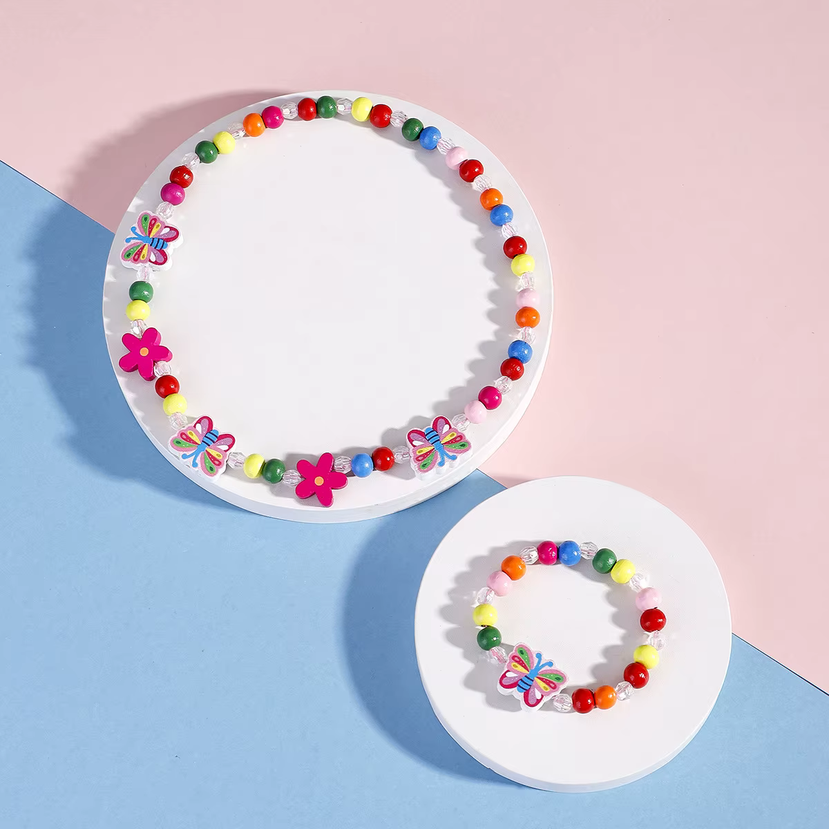 2 pièces/ensemble dessin animé coloré en bois licorne fleur Animal enfant collier Bracelet fille cad