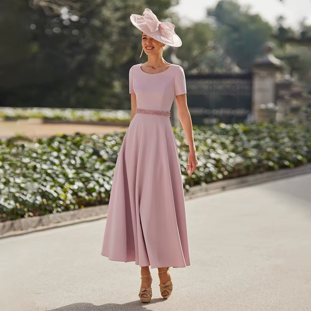 Robe de mariage rose pâle pour la mère de la mariée, robe à manches courtes, robe d'invité de mariag