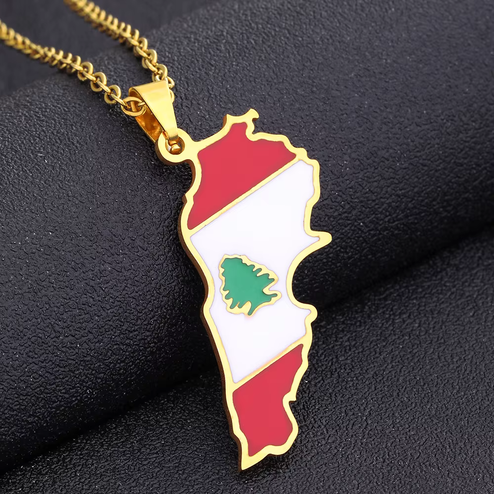 Émail liban carte drapeau en acier inoxydable collier pendentif femmes libanais couleur or ethnique 