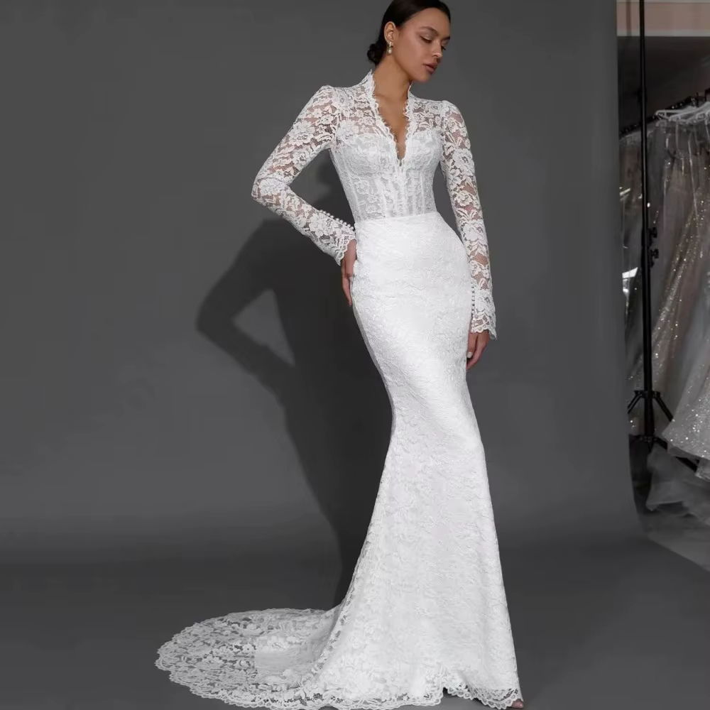 Robe De mariée sirène en dentelle personnalisée, col en V, manches longues, luxe, nouvelles robes De