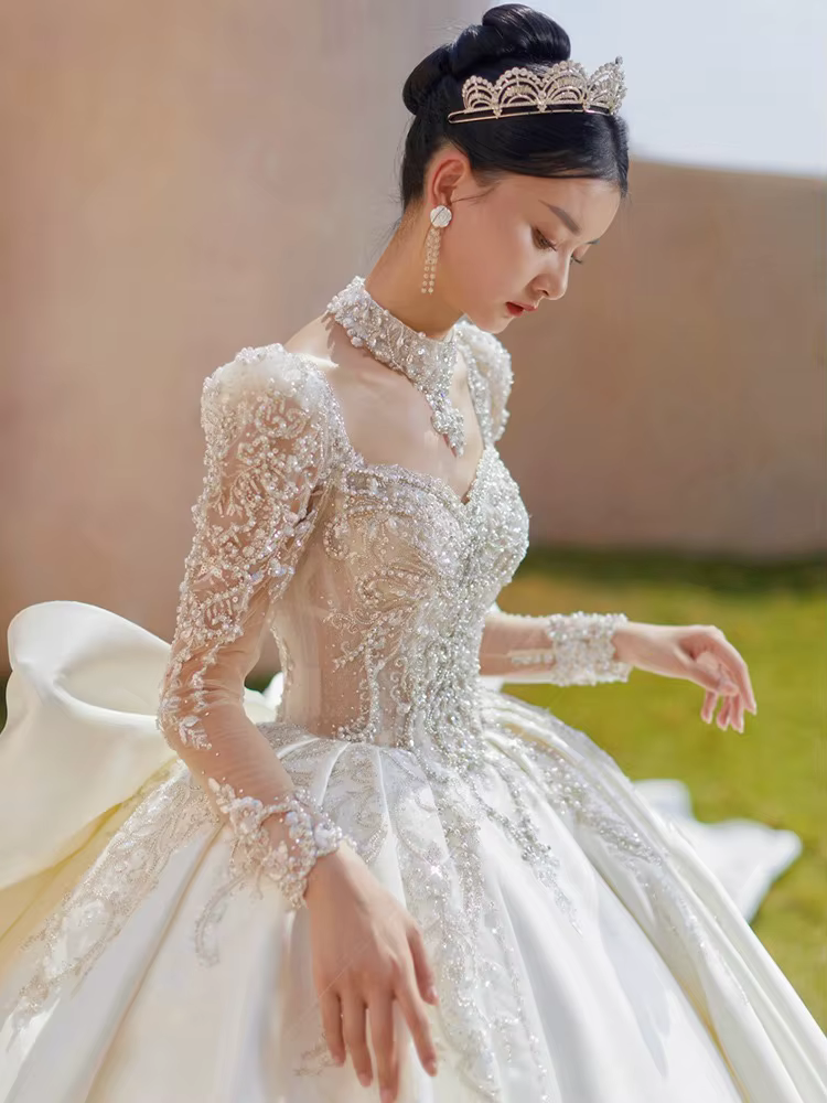 Robe de mariée en Satin à manches longues, nouveau Style français rétro Palace, Texture haut de gamm