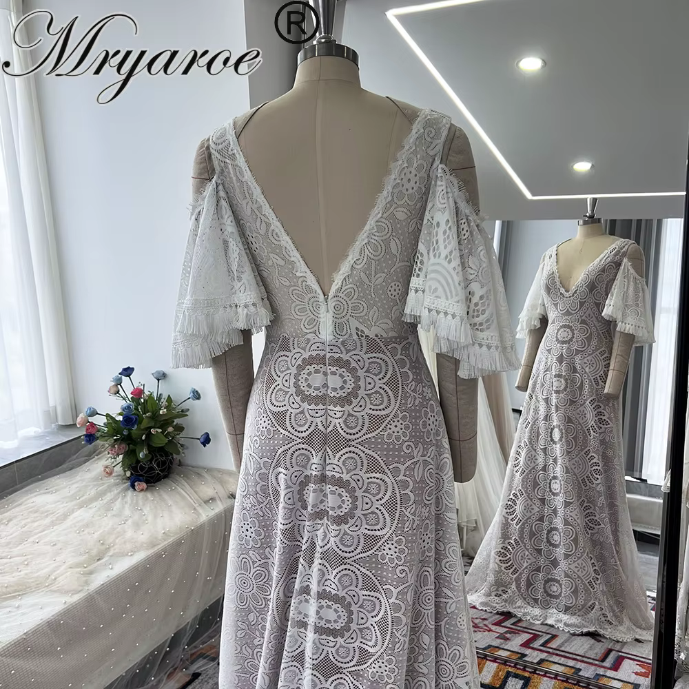 Robe de mariée bohème en dentelle Mryarce, coupe trapèze, épaules dénudées