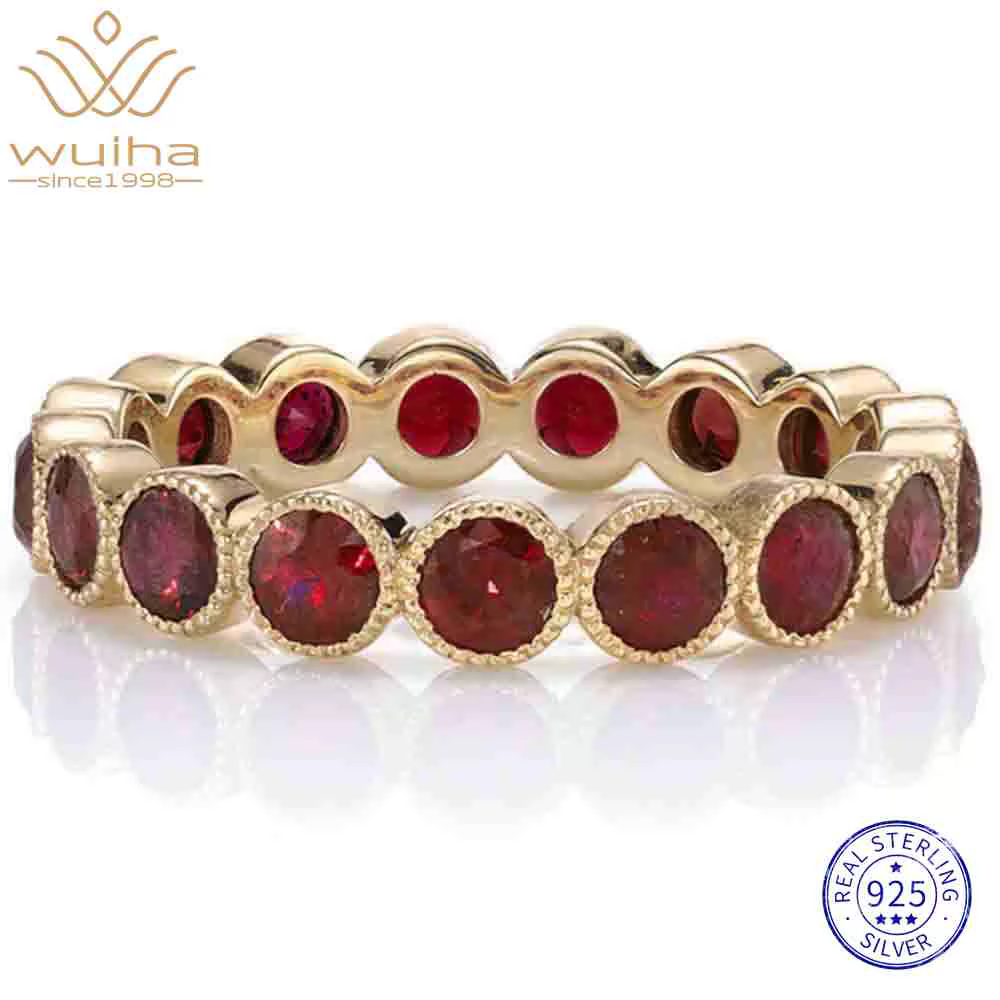 WUIHA Bague de Fiançailles et Alliance Vintage en Argent Sterling 925 avec Rubis Rond Taillé, Bijoux