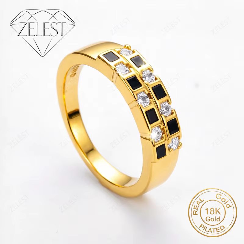 Bague en argent sterling 925 plaqué or 18 carats avec diamants noirs et blancs exquis pour femmes, a