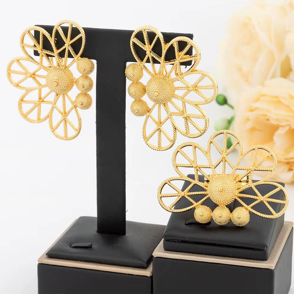 Ensembles de bijoux de dubaï pour femmes, boucles d'oreilles géométriques couleur or, bague ajourée,
