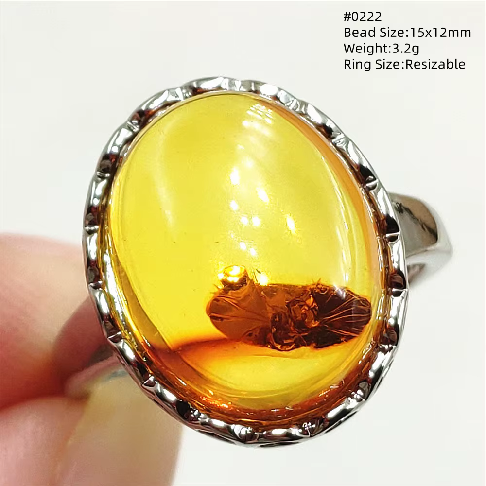 Bague réglable en ambre jaune Piebald naturel pour femme, bague nar, bijoux en argent regardé 925, U