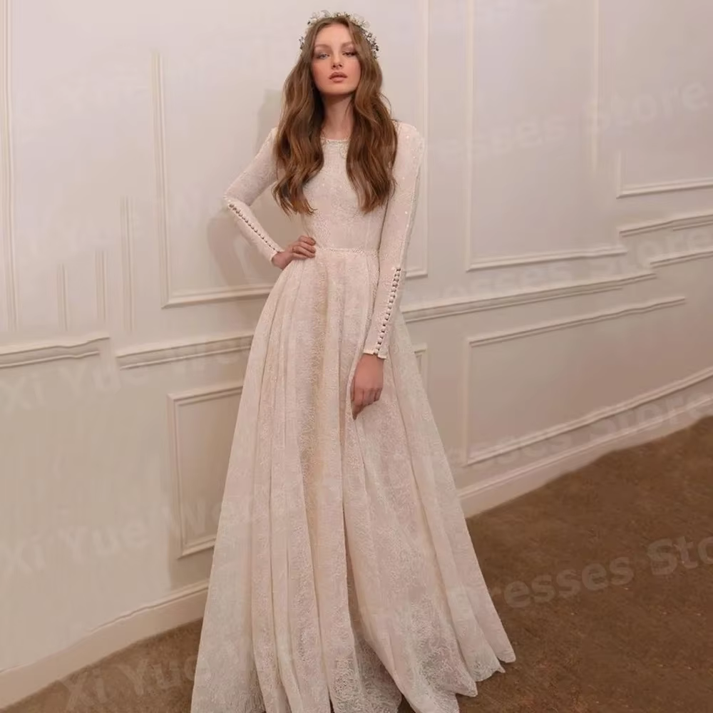 Robe De mariée luxueuse ligne A pour femmes, col rond, avec des Appliques en dentelle, personnalisée